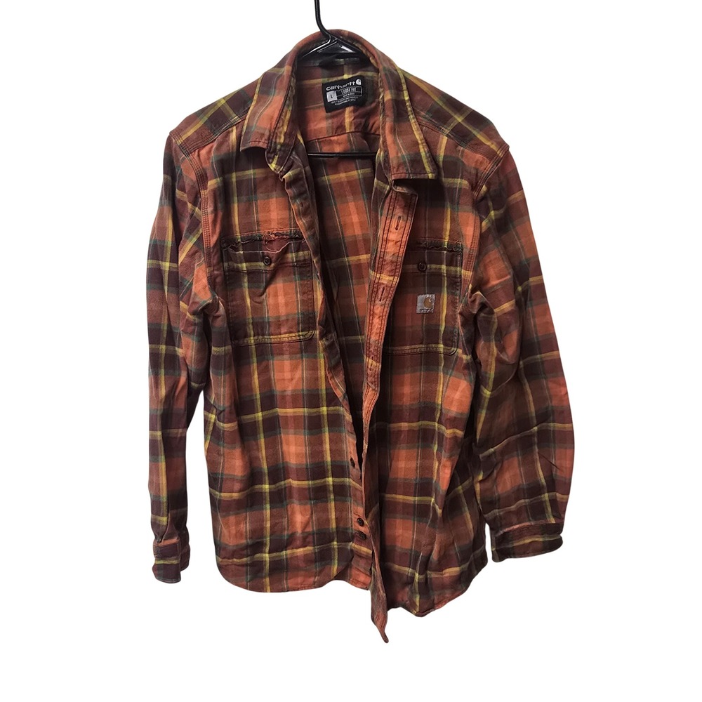 Carhartt Mens Loose Fit Flannel Shirt Orange Brown Plaid TW4451-M Lg Distressed